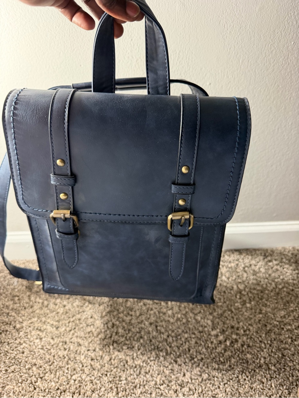 Men's Navy Leather Backpack with Buckle Straps